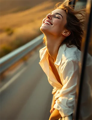 Beautiful Smile On Woman With Hair In The Wind